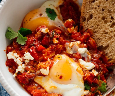 Shakshuka eggs – eggs poached in a tomato and pepper stew